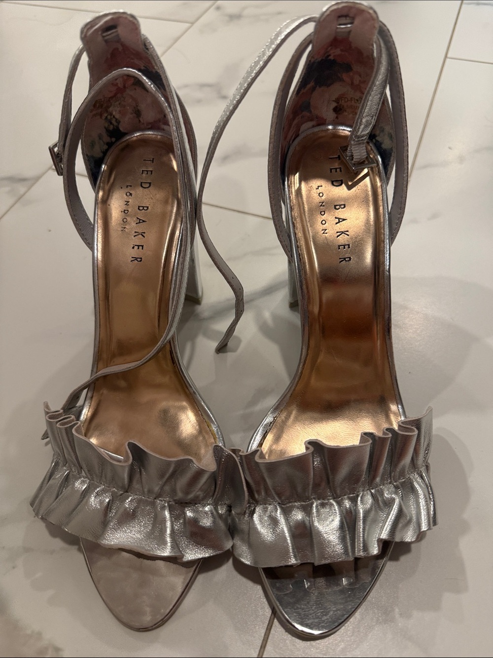 Ted Baker Silver Ruffle Open-Toe Ankle-Strap Heels